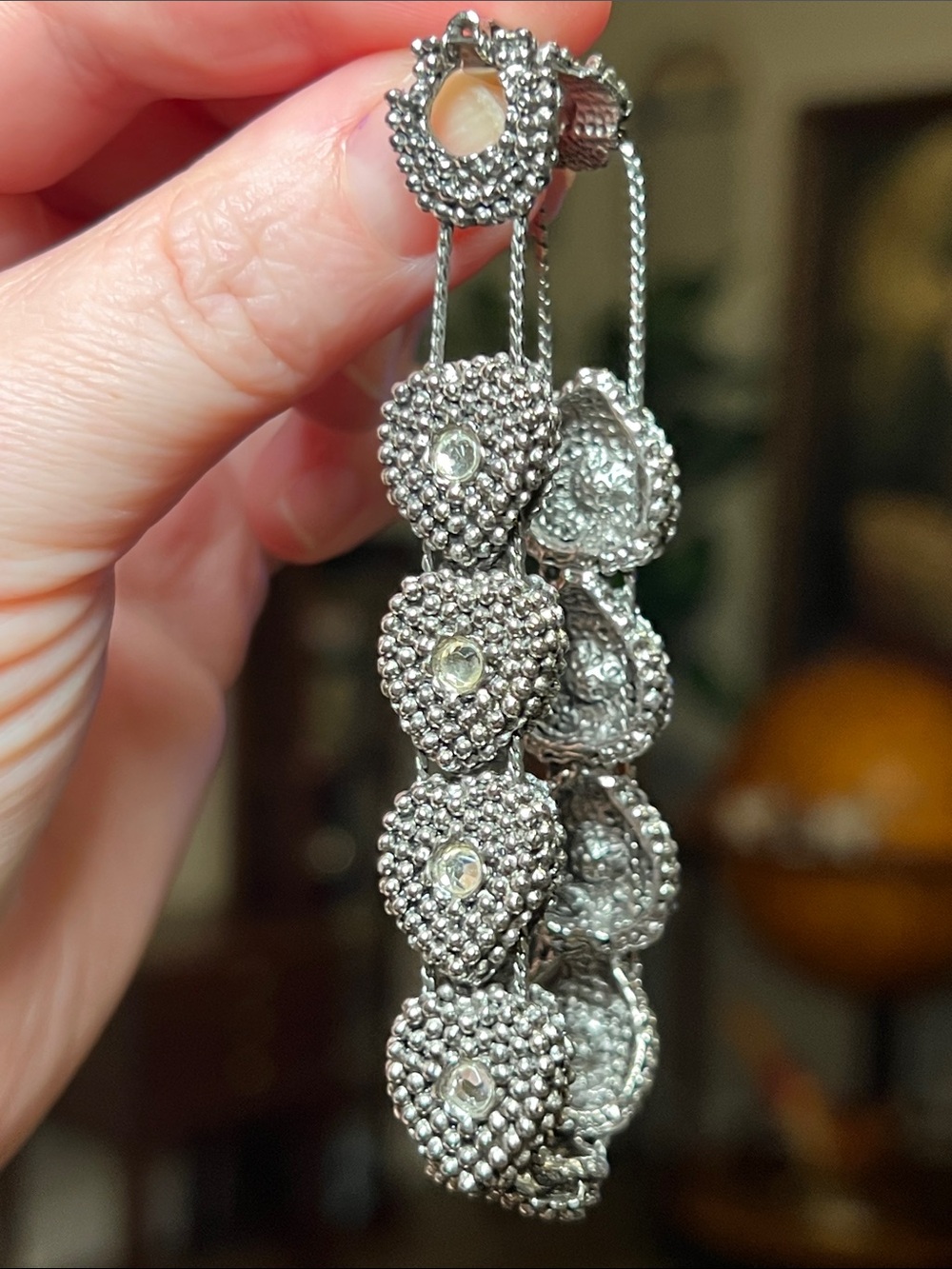 Vintage Victorian Revival Rhinestone Silver Textured Heart Charm Slide Bracelet